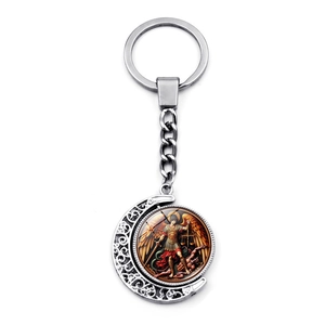 Archangel Saint Michael silver keychain with double-sided rotating moon pendant