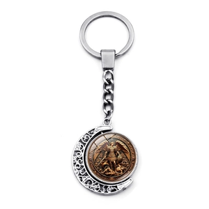Archangel Saint Michael rotatable moon keychain with silver and bronze metal finish