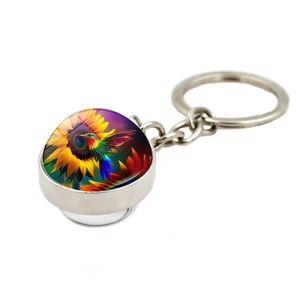 Llavero de bola de cristal con diseño de colibrí y girasol con colgante de metal doble cara