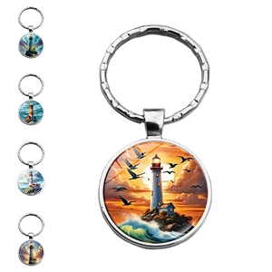 Nautical Lighthouse Scenery Time Gem Keychain Round Zinc Alloy Metal Key Ring Coastal Landscape Glass Cabochon Pendant