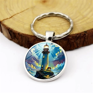 Coast lighthouse scenery time gem keychain with metal ring and artistic pendant charm