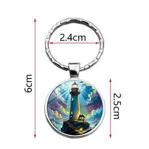 Close-up of lighthouse glass cabochon keychain showing 2.5cm pendant and 2.4cm ring