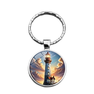 Coastal lighthouse scenery time gem keychain with silver metal ring and sunset artwork