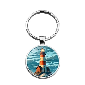 Coastal lighthouse glass cabochon keychain with silver metal ring and scenic pendant