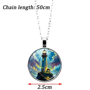 Lighthouse glass pendant necklace with 50cm chain length and 2.5cm diameter details