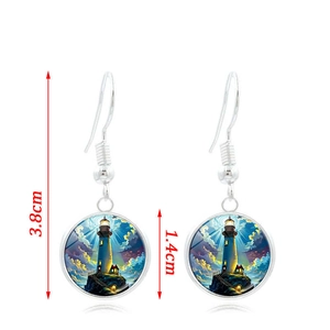 Detail view of silver lighthouse earrings with size specifications 3.8cm and 1.4cm