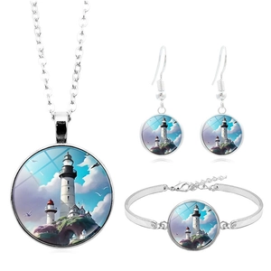 Coastal lighthouse jewelry set with glass gem pendant necklace, bracelet and earrings