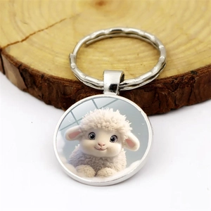 Cute white 3D lamb keychain pendant with a polished silver-tone metal ring for men