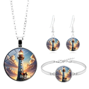 Coastal lighthouse jewelry set with glass gem pendant necklace earrings and bracelet