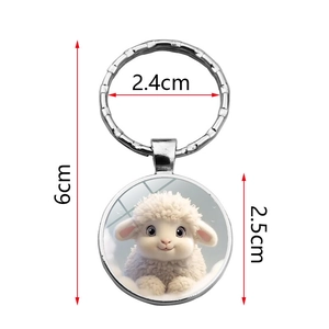 Cute cartoon lamb keychain with silver metal ring and round glass pendant 6cm length