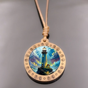 Detail of wooden lighthouse necklace with vintage carved edges and woven rope