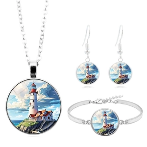 Lighthouse coastal jewelry set with necklace earrings and bracelet on white background