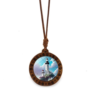 Coastal lighthouse wooden pendant necklace with blue painted art and spiral carvings