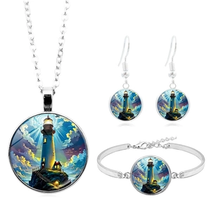 Lighthouse Landscape Alloy Glass Cabochon Necklace Bracelet Earrings Jewelry Fashion Vintage Coast Theme Jewelry For Women