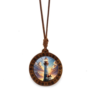 Detailed view of the handcrafted wood lighthouse pendant with nautical wave carvings