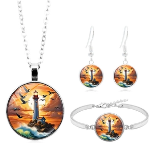 Lighthouse glass gem jewelry set with necklace earrings and bracelet in silver tone