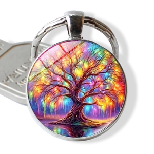 Porte-clés Cabochon en Verre Arbre de Vie Pendentif Artistique Multicolore en Alliage de Zinc Anneau de Clé en Métal Bijoux