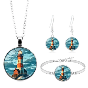 Coastal lighthouse scenery time gem pendant necklace bracelet earrings jewelry 3pcs set