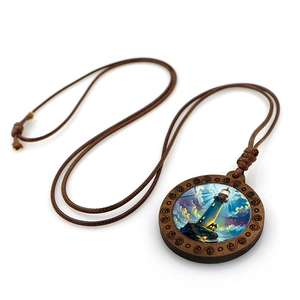 Handcrafted lighthouse landscape wood pendant necklace with vintage scroll engraving on leather cord