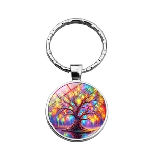 Porte-clés Arbre de Vie exquis en métal argenté avec pendentif dôme en verre vibrant