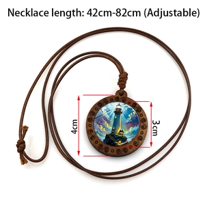 Vintage coastal lighthouse wooden pendant necklace with adjustable brown cord