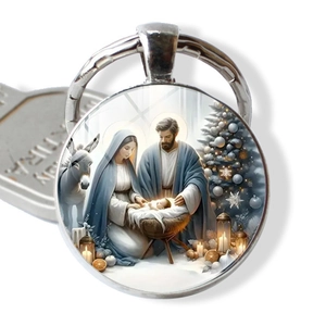 Nativity Scene Glass Cabochon Keychain Zinc Alloy Religious Christmas Holy Family Keyring Gift For Unisex Hanging Decor