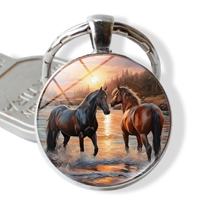 Sunset Horse Time Gem Glass Keychain Alloy Metal Key Ring Round Pendant Artistic Animal Art Accessories Gift For Unisex