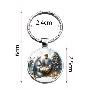 Silver metal Nativity scene keychain pendant with dimensions showing total 6cm length
