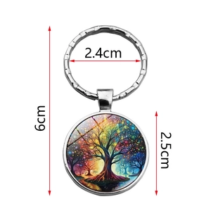 Colorful Tree of Life keychain with silver metal ring and circular glass pendant