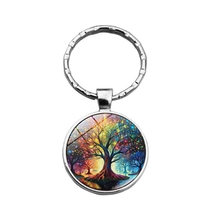 Colorful Tree of Life keychain with silver metal ring and galaxy art glass dome pendant