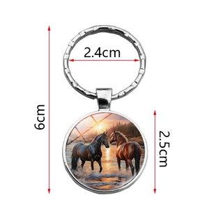 Sunset horse time gem keychain with silver metal ring and 2.5cm glass pendant