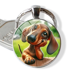 Cartoon Dachshund Puppy Dog Round Metal Keychain With Glass Time Gem Alloy Key Ring For Pet Lovers Creative Small Gift