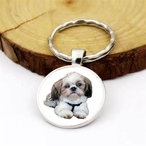 Grazioso portachiavi a forma di cucciolo Shih Tzu con anello in metallo su legno