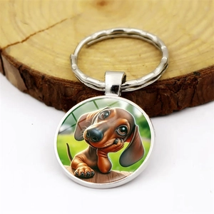 Creative metal keyring with a cute 3D cartoon dachshund pendant on a wooden stand