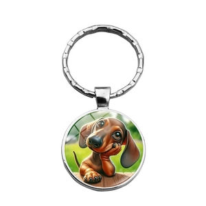 Creative silver metal keychain featuring a cute 3D cartoon dachshund puppy glass dome charm