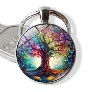 Tree of Life Keychain Zinc Alloy Glass Cabochon Colorful Pendant Artistic Key Ring Bag Hanging Accessories Birthday Gift