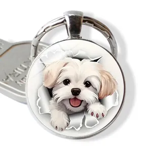 Maltese Dog 3D Pattern Round Keychain Zinc Alloy Glass Cabochon Key Ring Creative Animal Pendant Gift For Women