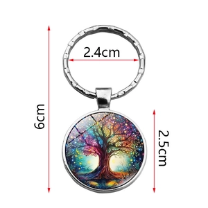 Colorful Tree of Life silver metal keychain showing 6cm total length and dimensions