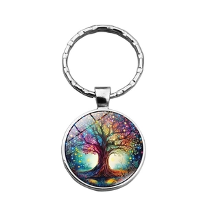 Colorful Tree of Life glass gem keychain with round metal ring and vibrant artistic pendant