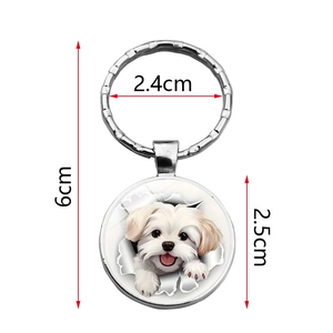 Cartoon Maltese dog glass pendant keychain with dimensions 6cm length and 2.5cm diameter