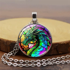 Vintage Alloy Colorful Dragon Stained Glass Round Pendant Necklace For Women Men Unisex Retro Sweater Chain Jewelry Gift