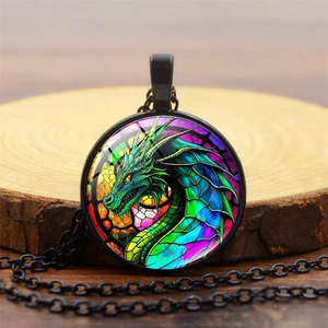 Retro round dragon pendant necklace with vibrant stained glass style art on wood