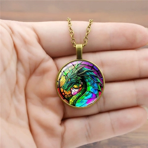 Retro bronze necklace with a colorful dragon glass dome pendant in fantasy style