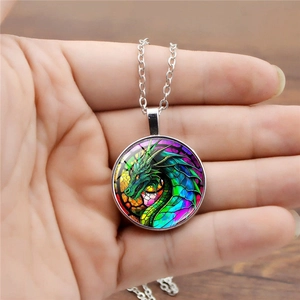 Minimalist silver dragon pattern pendant necklace with colorful stained glass design