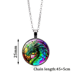 Close-up of dragon totem glass pendant necklace with 25mm diameter and 50cm chain length