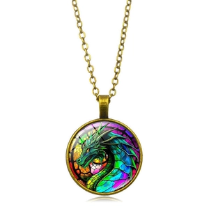 Detail of round bronze pendant featuring a colorful dragon illustration on a metal chain