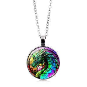 Minimalist dragon pattern pendant necklace with colorful mosaic style on silver chain