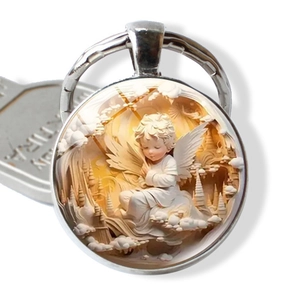 Angel In Clouds Pattern Glass Cabochon Keychain Zinc Alloy Silver Round Religious Style Bag Charm Hanging Ornament Gift
