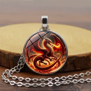 Collar de Colgante de Gema del Tiempo Dragón Escupefuego Vintage Fantasía Aleación Vidrio Cabujón Cadena de Suéter para Mujeres Hombres Joyería Retro