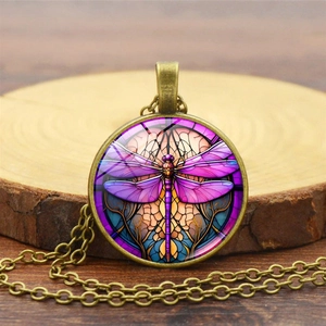Vintage bronze dragonfly pendant necklace with colorful glass art for women